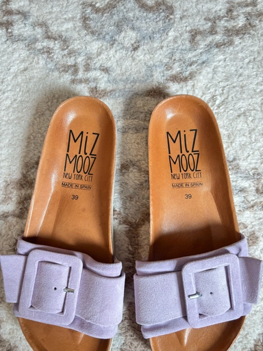 Miz Mooz Leather Buckle Sandal Slip-On Cushioned Footbed Purple Strap Summer